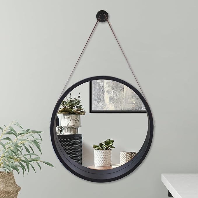 Americanflat 20" Round Mirror with Strap - Hanging Mirrors with Durable Frame - Modern Mirror for Bathroom, Bedroom, Living Room - Mirrors for Wall Display and Home Decor - Black