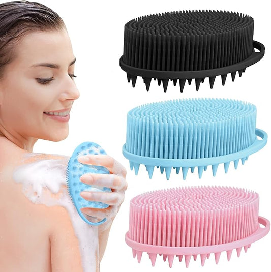 2 in 1 Silicone Body Scrubber Shampoo Brush, Shower Scrubber, Bath Scrubber,Exfoliating Scalp Massager, Loofah Clean Sanitary,Rapid Foaming-3 Pack, Black+blue+pink（new）, PQRUU54635