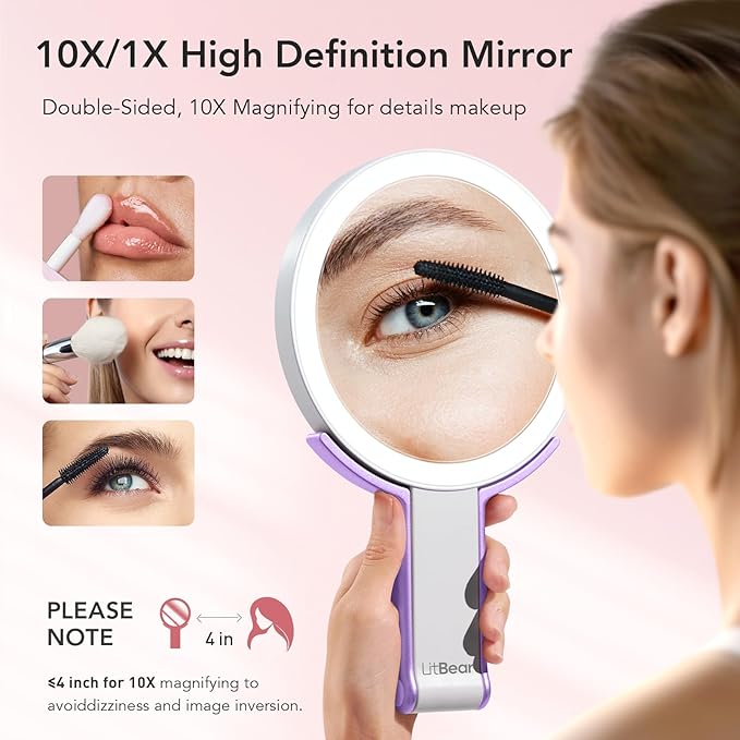 LitBear Travel Makeup Mirror with Light, Rechargeable Double-Sided 10X/1X Magnifying Mirror, Portable Lighted Beauty Mirror, 3 Color Lighting, Dimmable Touch Screen, Tabletop Handhold Hanging (Purple)