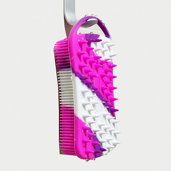 2 PC Silicone Exfoliating Body Scrubber, 2 in 1 Silicone Body Shampoo Brush, Soft Silicone Loofah for Sensitive Skin, Shower Silicone Hair Scalp Massager, Easy to Clean, Lather Well (Black&Purple)