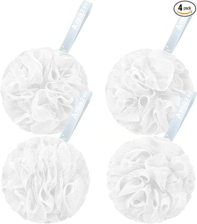 AmazerBath Loofah Sponge 75g/Piece, Exfoliating Bath Sponge Body Scrubber - Loofa Set of 4 - Snow White, Large