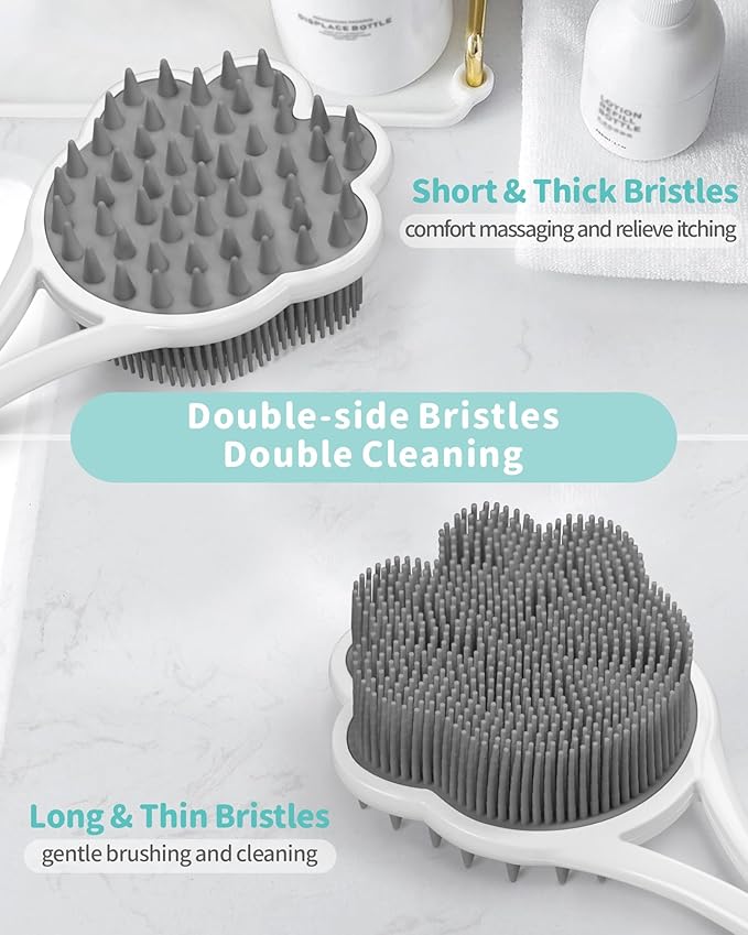 Manmihealth 15.7" Cute Silicone Body Scrubber & Soft Shower Brush Face Scrubber Set (3 PCS), Paw-Shaped Silicone Back Brush & Body Facial Scrubber with Super-Soft Bristles Combination(GraySet)