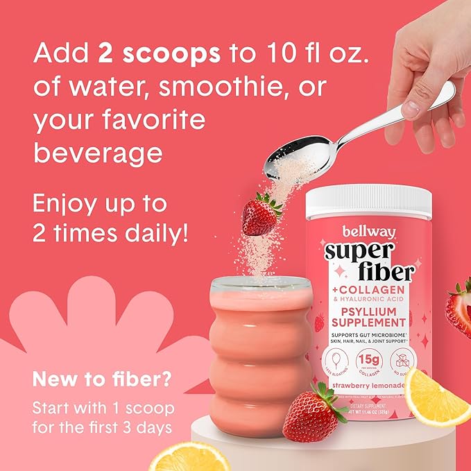 Bellway Super Fiber Powder + Collagen, Sugar-Free Psyllium Husk Powder with Collagen Peptides and Hyaluronic Acid for Gut Health, Healthy Skin, Nails, Bones & Joints, Strawberry Lemonade (11.46 oz)