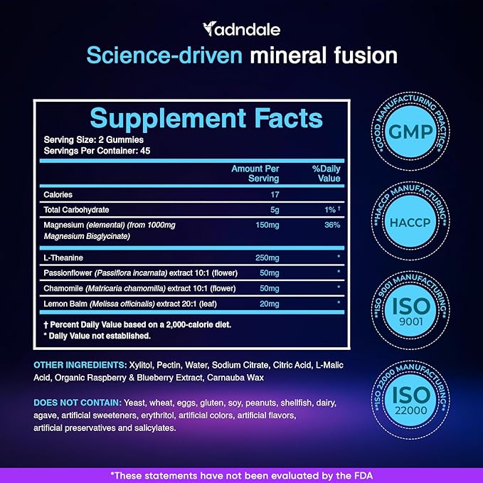 Adndale Magnesium Glycinate Gummies 90CT for Adults and Kids. 150 mg Chelated Mg with L-Theanine, Passionflower, Chamomile & Lemon Balm. Raspberry Flavor. Clear Thinking, Restful Nights, Muscle Ease