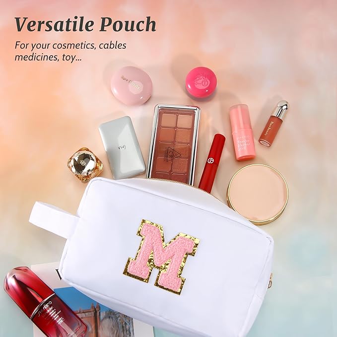 Aveniee Monogram Makeup Bag for Women,Personalized Travel Makeup Bag With Handle,Preppy Cosmetic Organizer Makeup Brush Bag,Birthday Gifts for Teen Girls Mom Wife-White J