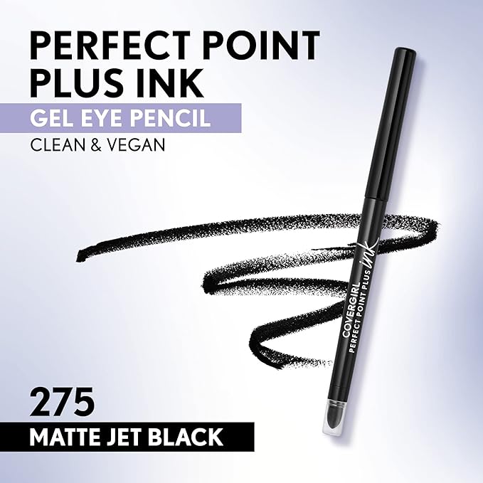 COVERGIRL Perfect Point Plus Ink Gel Eye Pencil, Pigmented, Long-Wearing, Vegan Formula, Matte Jet Black 275, 0.01oz