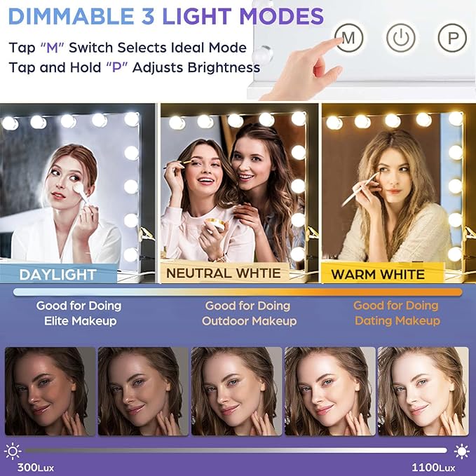 M MIVONDA Vanity Makeup Mirror with Lights: Hollywood Mirror with 15LED Bulbs - Large 23”x19” Desk Mirror for Wall, Dimmable 3 Lighting Modes, Plug-in and USB Charger Port, White