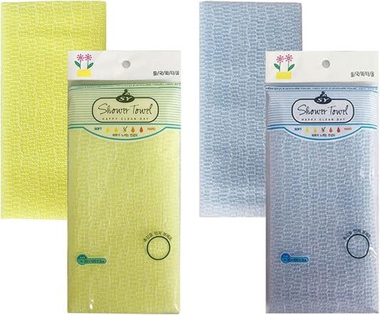 Premium Exfoliating Washcloth Towe l(2 Color-Yellow Blue) Korean Loofah Bath Sponge Long Back Scrubber African Bath Sponge African Long Net for Shower/It Becomes Softer as You use.by NOPIGO
