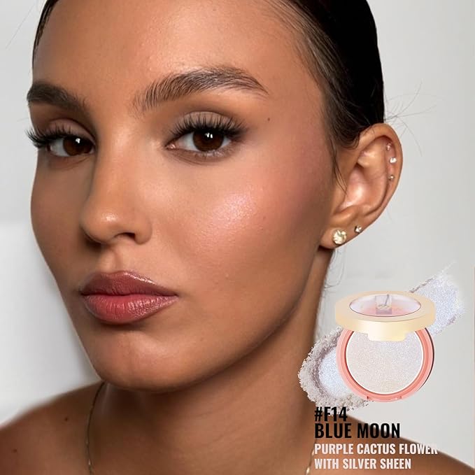 Oulac Holo Highlighter Blush Eyeshadow 2in 1| Intense Subtle Shimmery Blush Creamy Texture| Highlighting Eye Topper| Holographic Color Inner Corner Eye| 4.8g F14 Blue Moon