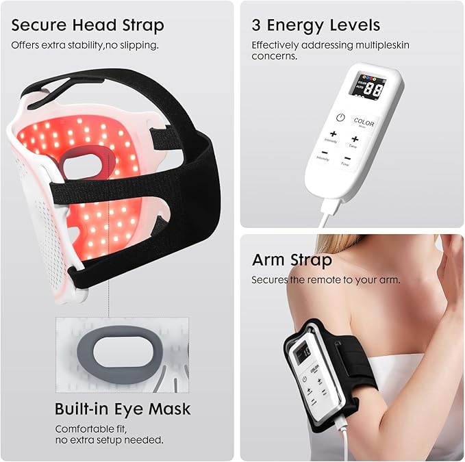 LED Face Mask Light Therapy, 4 Modes Red Light Therapy for Face with Remote and Timer, 2000mAh Rechargeable, Blue, 850NM Infrared & Red Light Therapy Mask for Home Use, 288 LEDs, White