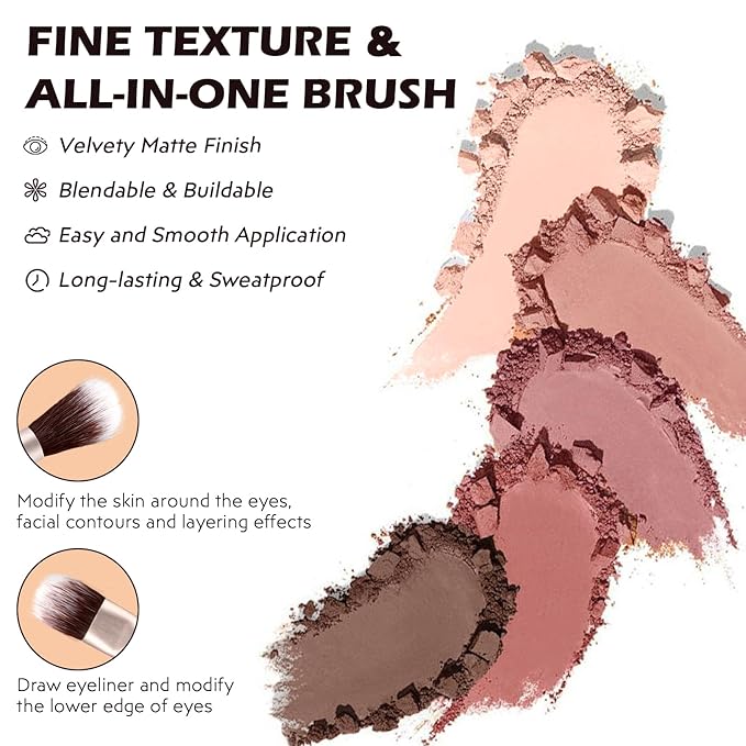 5 Colors Matte Eyeshadow Palette with Brush - Neutral Nude Brown Mauve Pink Eye Shadow Palette Makeup, Natural Waterproof Cool-Toned Eyeshadow for Green & Blue & Brown Eyes and Smokey Makeup, 04#