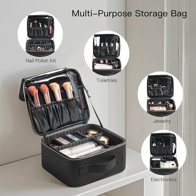 Makeup Travel Case 10 Inch, Large Storage Capacity Makeup Organizer Travel Bag with Compartment, Portable Cosmetic Case for Women, Waterproof, Durable, Gift for Her, Black