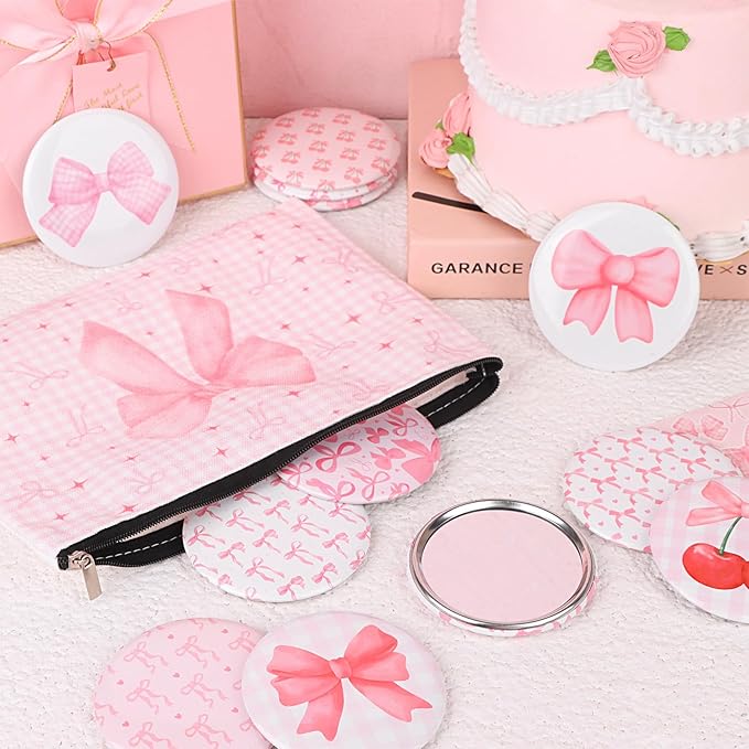 24 Pcs Coquette Pink Bow Compact Mirror Bulk Women Portable Round Mini Pocket Mirrors 12 Styles Pink Bow Aesthetic Makeup Mirror for Bridal Shower Grad Party Favors Birthday Gifts