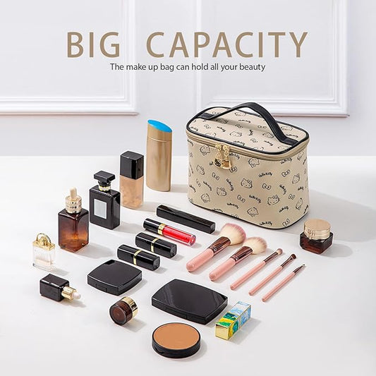 AmBealla Make up Bag Travel Cosmetic Bags Brush Holder Zipper Pouch Case Organizer Cute Organizer Suitable for Purse for Women (Beige Bucket Bag)