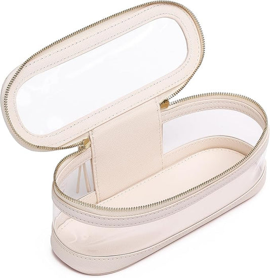 Makeup Brush Case Clear Travel Cosmetic & Toiletry Bag Slim Makeup Bag with Zipper Small Purse Organizer Car Essential Bag for Women (Beige, SLIM-2)