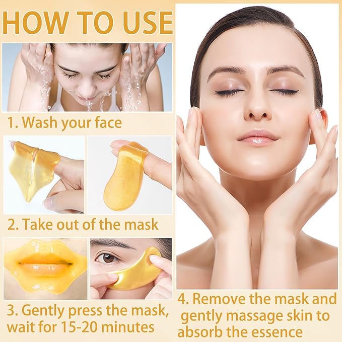 30 Pairs Lip Masks & Eye Mask, 24K Under Eye Masks and Collagen Crystal Gel Lip Mask, Under Eye Patches for Puffy Eyes, Dark Circles, Eye Bags, Wrinkles, Revitalises & Refreshes Your Skin