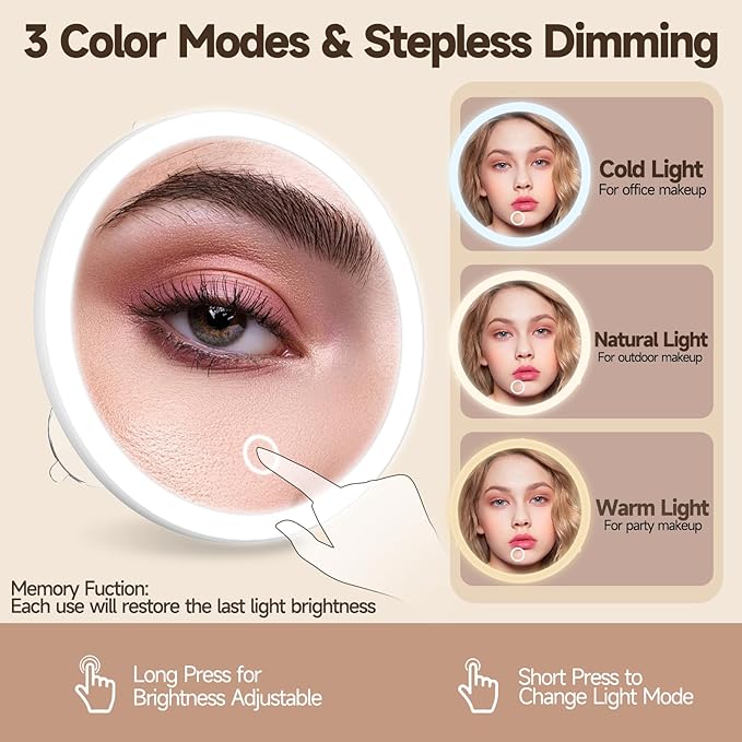 Lighted 30X Magnifying Mirror, Makeup 30X Magnification with Suction Cups, Ring Handheld Magnified Mirror with 3 Color Dimming Rechargeable 5inch Travel Magnification with Tweezers & Scissors Set