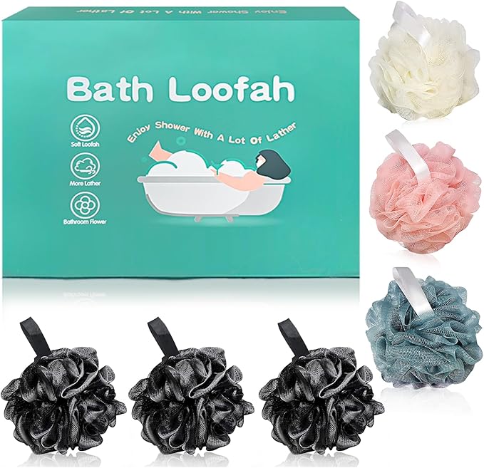 Amazerbst 6 Pack Bath Sponges Mesh Balls Shower Loofahs Wash Back Body Cleaning Scrubber Exfoliator Loofah Sponge Bathing Accessories Women Men