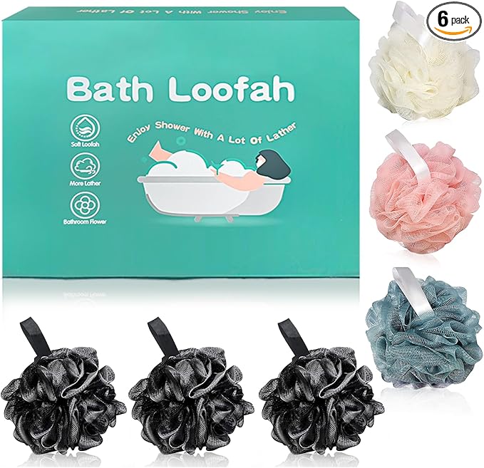 Amazerbst 6 Pack Bath Sponges Mesh Balls Shower Loofahs Wash Back Body Cleaning Scrubber Exfoliator Loofah Sponge Bathing Accessories Women Men