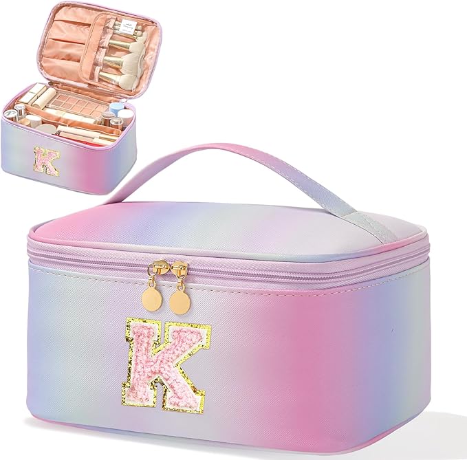 Meiyuuo Large Makeup Bag Travel Pro Cosmetic Bags Cute Chenille Letter Pouch Rainbow Pink Personalized Toiletry Organizer for Women Teen Girls Birthday Gifts for Her Preppy Rainbow Pink K