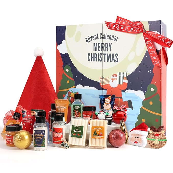 Advent Calendar 2024 Adult, Holiday Gift Baskets for Women with Hand Cream, Epsom Salt, Candle, Necklace, Brooch, Ear Clips, Skincare Beauty Advent Calendar, Happy New Year Countdown Calendar Gift Set