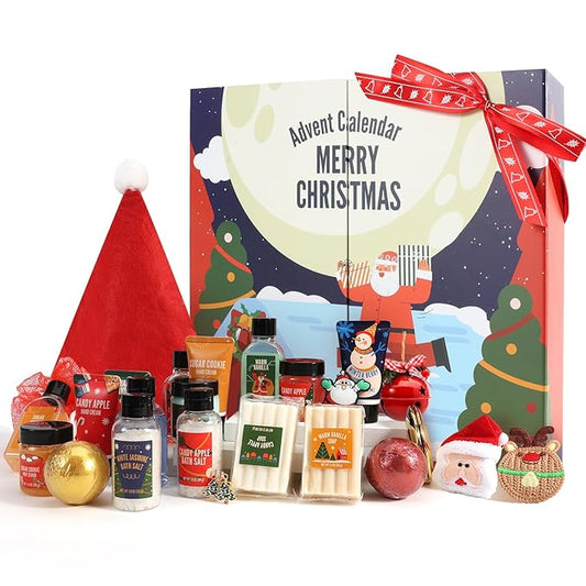 Advent Calendar 2024 Adult, Holiday Gift Baskets for Women with Hand Cream, Epsom Salt, Candle, Necklace, Brooch, Ear Clips, Skincare Beauty Advent Calendar, Happy New Year Countdown Calendar Gift Set