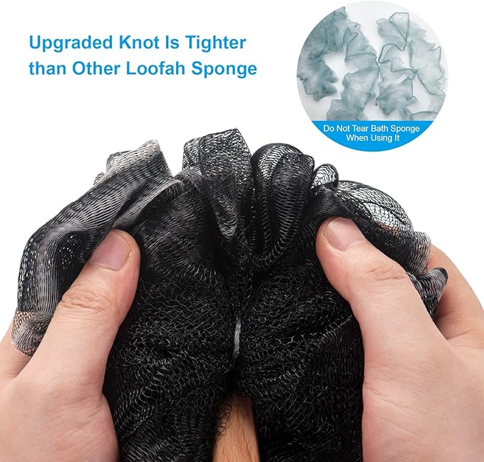 AmazerBath Shower Sponge Loofah Back Scrubber, PE Soft Mesh Loofah Body Scrubber with Long Wooden Handle, Bath Sponge for Men Women (Black)