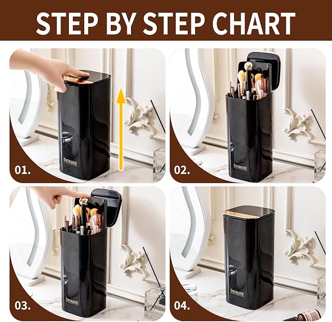 Makeup Brush Holder with Lid Cosmetic Tools Organizer（Black）