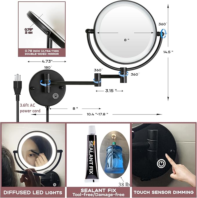 8" Brass Wall Mounted Lighted Makeup Vanity Mirror with Magnification, 1X/5X Double Sided Bathroom Magnifying Mirrorwith with Dimmable LED Lights, Matt Black, Plug Powered