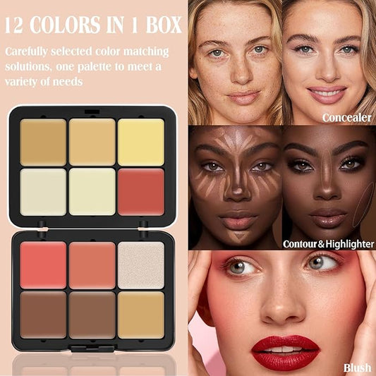 12 Colors Cream [Blush Contour Concealer Highlighter] Makeup Palette for Cheeks - All in One Makeup Palette Kit with Brush, Long Wearing Waterproof Blendable Face Make Up Pallete (#05)