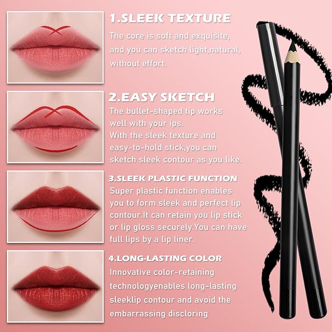 Black Lip Liner, Long Lasting Lip Liner Pencil, Rich Lip Makeup Colors Highly Pigmented Lip Liners, Smooth Application Lipliner Lip Pencil