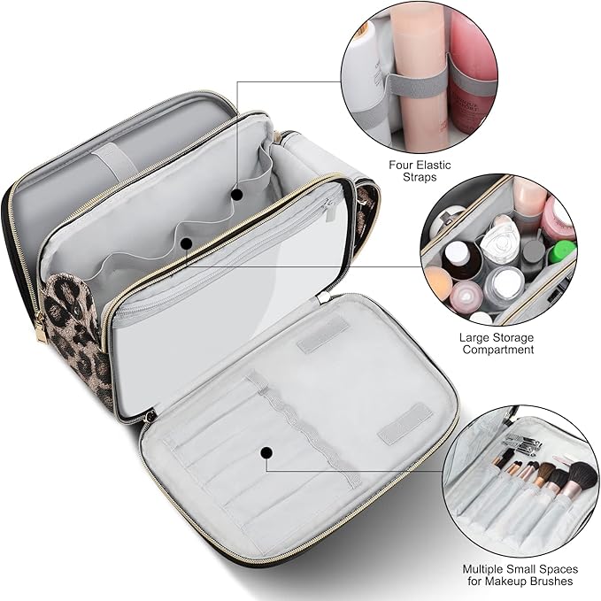 BOOMRICH Large Travel Makeup Bag, Cosmetic Bag, Toiletry Bag for Women, Water-Resistant Leather Toiletry Organizer, Dopp Kit for Toiletries Accessories, Leopard