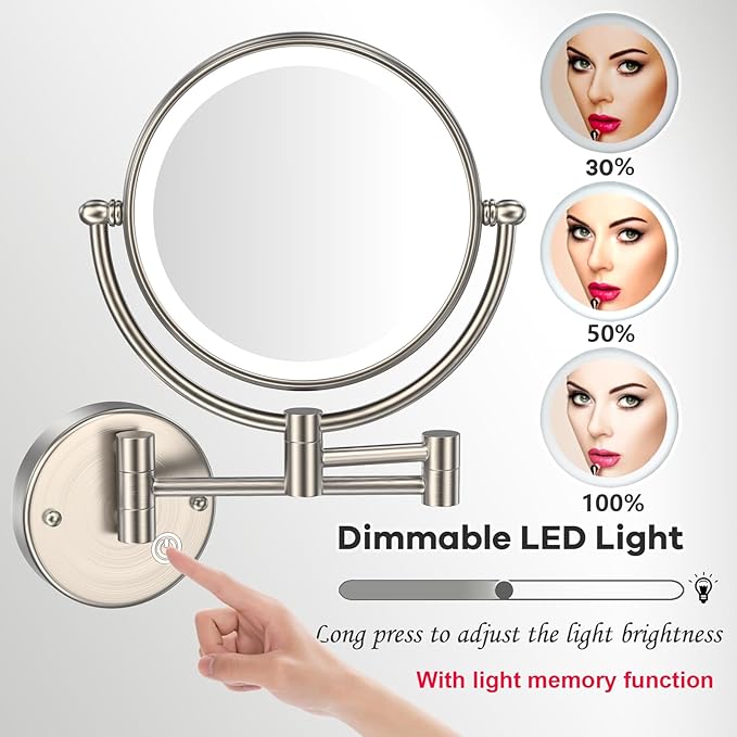 Brass Wall Mounted Lighted Makeup Mirror with Magnification, 5X Wall Magnifying Mirror with Light, Extendable Mirror for Bathroom, Touch Sensor, Brushed Nickel