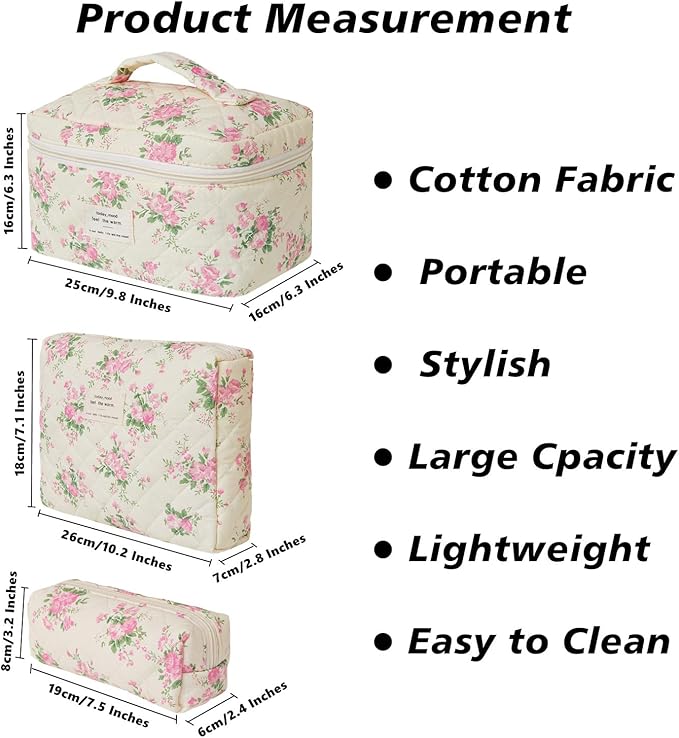 Makeup Bag Organizer, 3 Pieces Quilted Cosmetic Bag Set, Cotton Makeup Bag for Women, Floral Make Up Bag, Coquette Makeup Pouch, Flower Travel Toiletry Bag (Pink Flower)