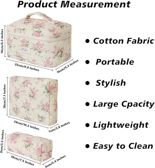 Makeup Bag Organizer, 3 Pieces Quilted Cosmetic Bag Set, Cotton Makeup Bag for Women, Floral Make Up Bag, Coquette Makeup Pouch, Flower Travel Toiletry Bag (Pink Flower)