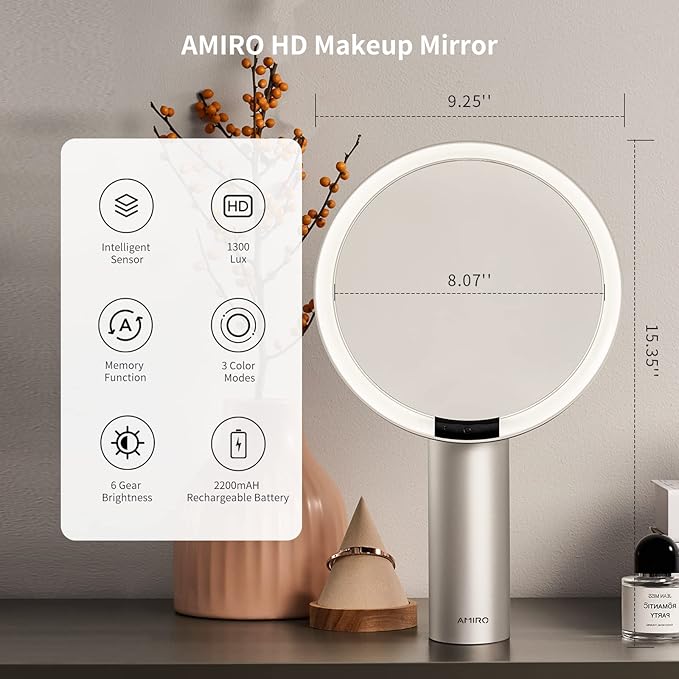 AMIRO 9" Lighted Makeup Mirror with Smart Sensor & Touch-Control, 3 Colors & 6 Brightness, Rechargeable & Cordless, Memory Function, Free Rotation, Gift for Woman - White