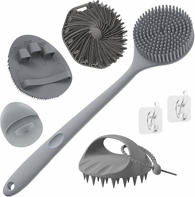 Manmihealth Silicone Back Scrubber & Soft Bath Glove, Silicone Scalp Massager Set 5 PCS, Super-Exfoliating Body Scrubber Shower Brush & Shampoo Brush Combination, with 2 Free Hooks (Style 2 Gray)