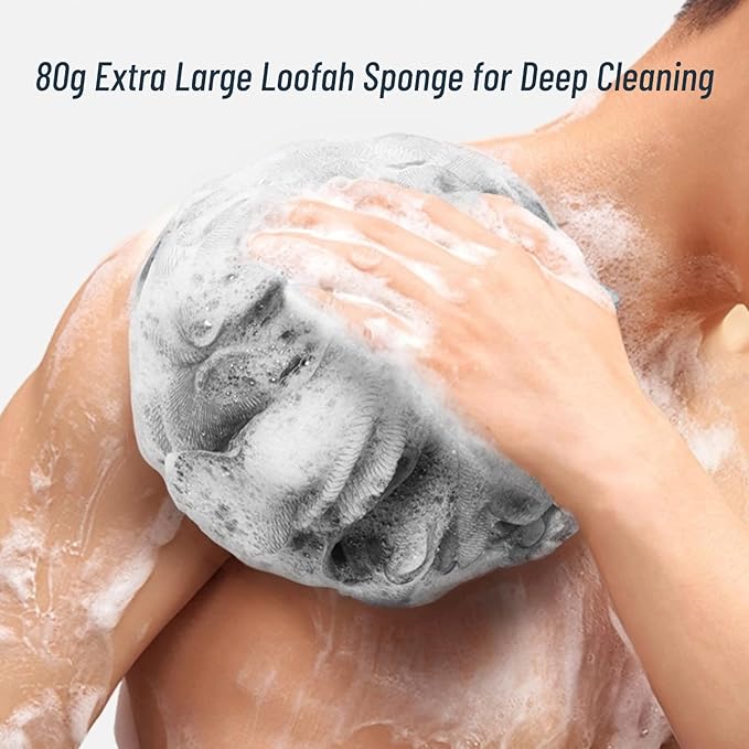 6-Pack 80g Shower Loofah for Men – Extra-Large Body Sponge with Triple-Tied Knots, High-Density Mesh, Rich Lather, Durable Exfoliating Pouf (Black)