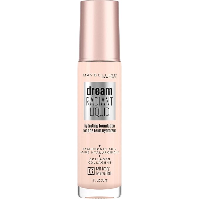 Maybelline Dream Radiant Liquid Medium Coverage Hydrating Makeup, Lightweight Liquid Foundation, Fair Ivory, 1 Count