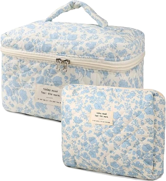 2 Pcs Quilted Makeup Bag,Cotton Coquette Make up Bag Set,Floral Cute Makeup Bags Large Travel Toiletry Cosmetic Bag Organizer for Women Girls (A)
