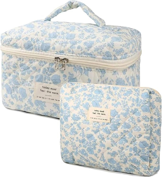2 Pcs Quilted Makeup Bag,Cotton Coquette Make up Bag Set,Floral Cute Makeup Bags Large Travel Toiletry Cosmetic Bag Organizer for Women Girls (A)