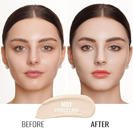 Oulac Foundation Make Up - Skincare Infused With Aloe Leaf and Vitamin E, Medium to High Coverage Liquid Vegan Foundation 30ml, Shade: Porcelain 01