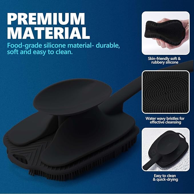 Silicone Back Scrubber for Shower, Detachable Long Handle Body Scrub Brush, Shower Brush for Shower Exfoliating and Message, Dual Purpose Overall Cleaning - Black