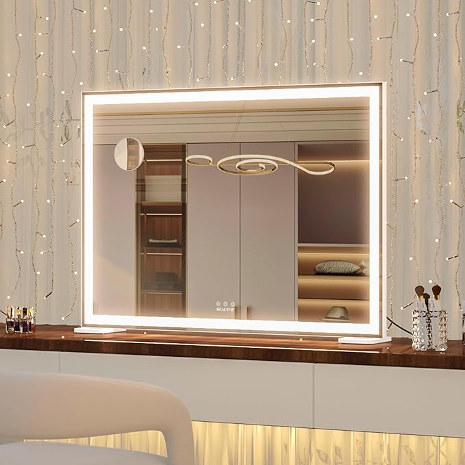 ANYHI Large Vanity Mirror with Lights, 36.2" x 26.8" Makeup Mirror with LED Lights, Tabletop or Wall Mount, 3 Color Modes, Dimmable, Touch Control, White