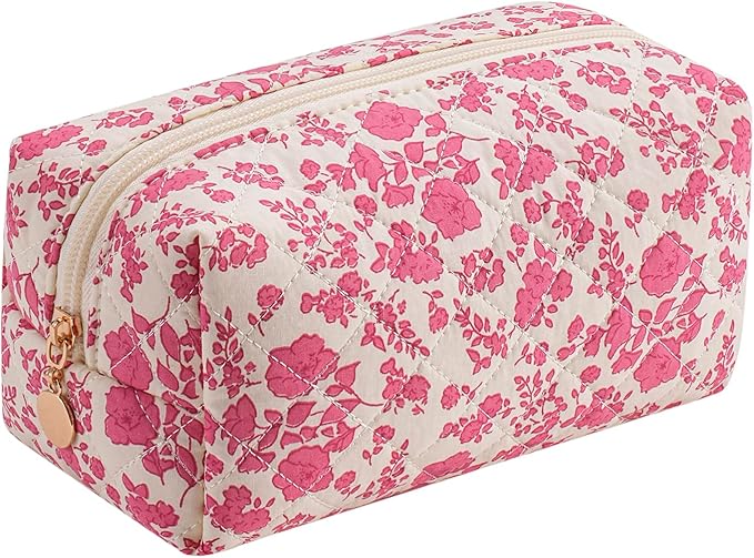 Gleyemor Small Quilted Makeup Bag for Women, Cute Floral Bow Cosmetic Bag, Emergency Bag Travel Toiletry Cotton Pouch Gifts for Girls Her Mom Friend Sister Bridesmaid (Red Floral)