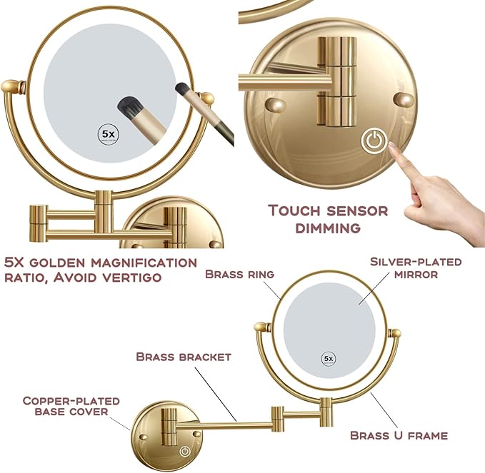 Brass Wall Mounted Makeup Vanity Mirror with Light and Magnification, 1X/5X Double Sided LED Lighted Personal Mirror for Bathroom, Swivel Extendable Arm, PVD Zirconium Gold, Plug Powered