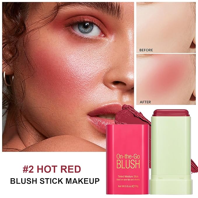 Cream Blush Stick, Monochromatic Beauty Wand for Cheek and Lip Tint, Long Lasting Hydrating Formula, Multi-use Makeup Stick Blends Perfectly onto Skin, 0.6 oz (2# Hot Red)