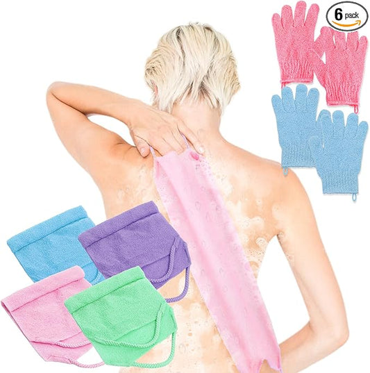 4Pcs Exfoliating Back Scrubber with Handle and 2 Pairs Shower Bath Gloves Bath Set for Shower Bath Exfoliator Stretchable Skin Massages Back Scrubber Improve Blood Circulation