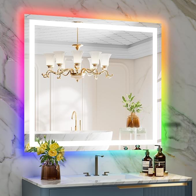 40x36 Inch RGB LED Bathroom Mirror Front Light and RGB Backlit Lighted Vanity Mirror for Bathroom Wall Mounted Dimmable Anti Fog Memory Shatter-Proof IP54 Waterproof Horizontal/Vertical