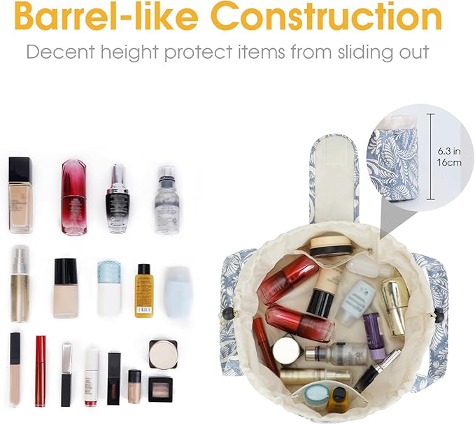 Barrel Drawstring Makeup Bag Large Cosmetic Bag Make up Bags Toiletry Organizer for Women (Blue Leaf) (Patent)